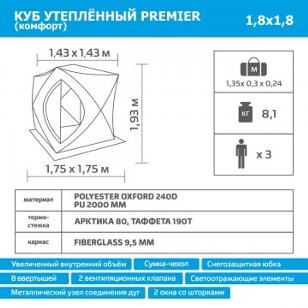 Палатка зимняя Куб Комфорт утепленная 1,8х1,8 Premier (PR-ISCC-180BG)