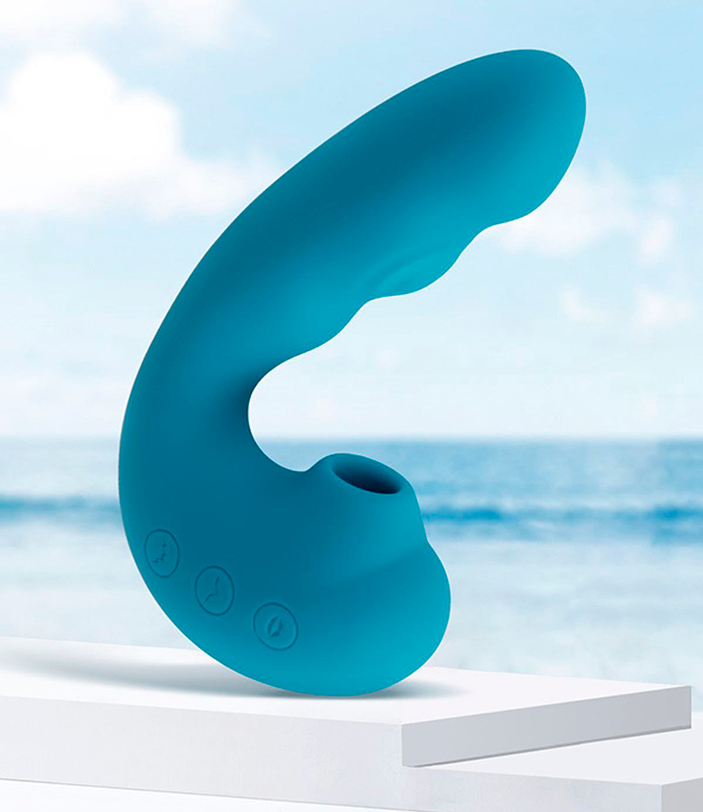 Голубой вибратор 13,9см с вакуумной стимуляцией и функцией постукивания BeYourLover Tara Blue TW05S