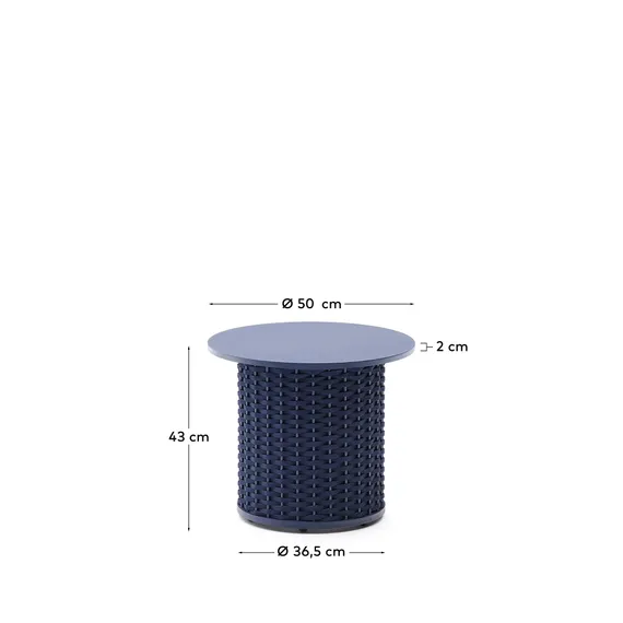 Уличный приставной столик Sedalis из алюминия и веревочного шнура синего цвета Ø50 см