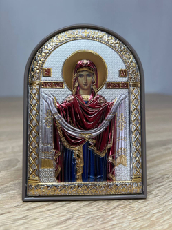 Покрова, икона арочная, пластик коричневый, эмаль 48x68