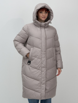 Пальто зимнее утепленное с капюшоном женское серого цвета 7623Sr