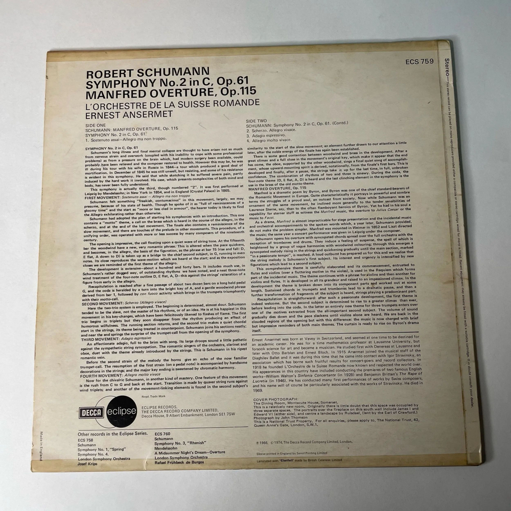 Винтажная виниловая пластинка LP Schumann Шуман, L'Orchestre De La Suisse Romande, Ernest Ansermet, Symphony No. 2, Manfred Overture (Англия 1974)