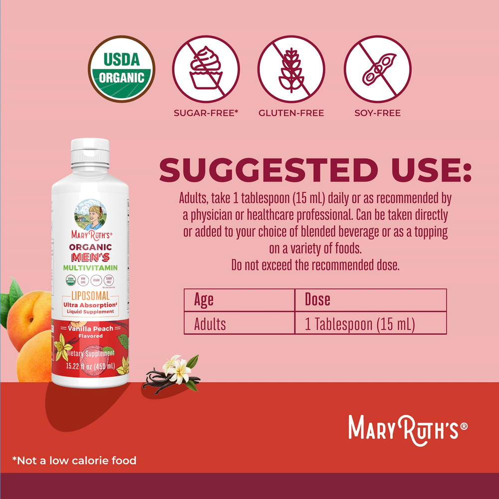 MaryRuth's, органические мультивитамины для мужчин, липосомальные, со вкусом ванили и персика, 450 мл (15,22 жидк. унции)