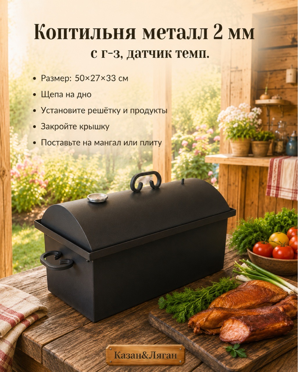 Коптильня металл 2 мм с г-з, датчик темп. 50*27*33 см кр.овал