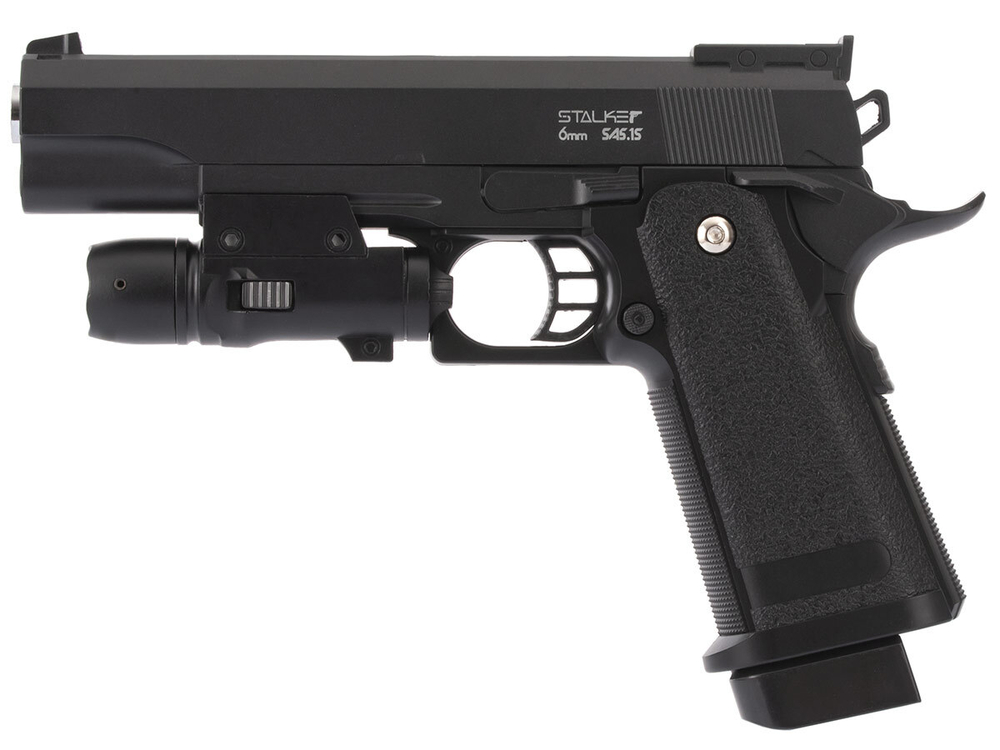 STALKER mod. SA5.1S Spring пист.пнев. (аналог Hi-Capa 5.1)+имитатор ПБС, ЛСУ к. 6мм металл черный