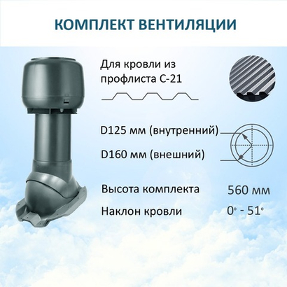 Комплект вентиляции: колпак D160, вент. выход утепленный высотой Н-500, для кровельного профнастила С-21 мм, серый
