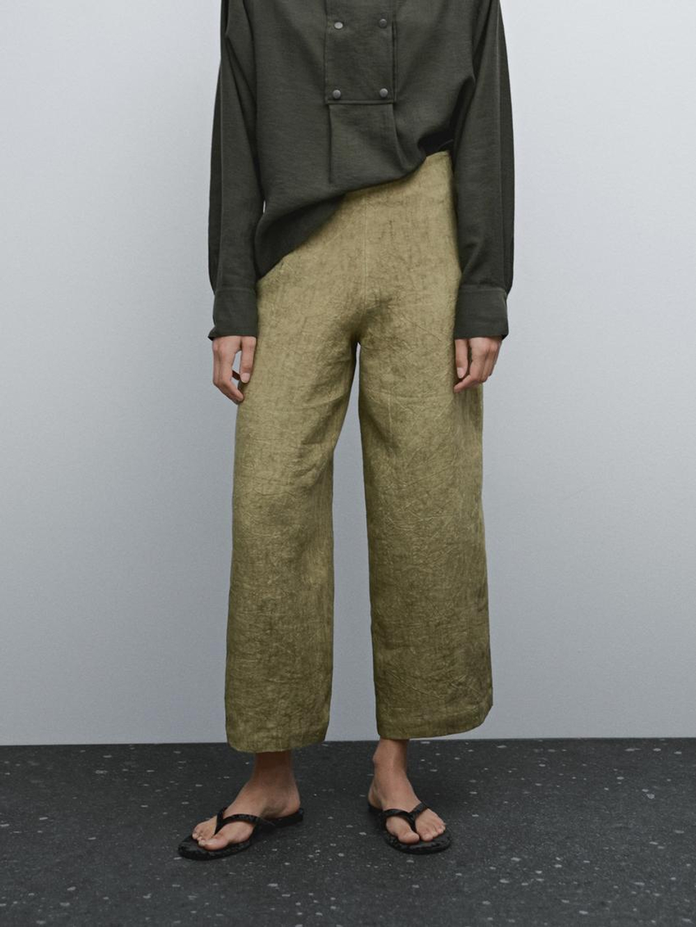 Massimo Dutti Струящиеся брюки из 100% льна, оливковый