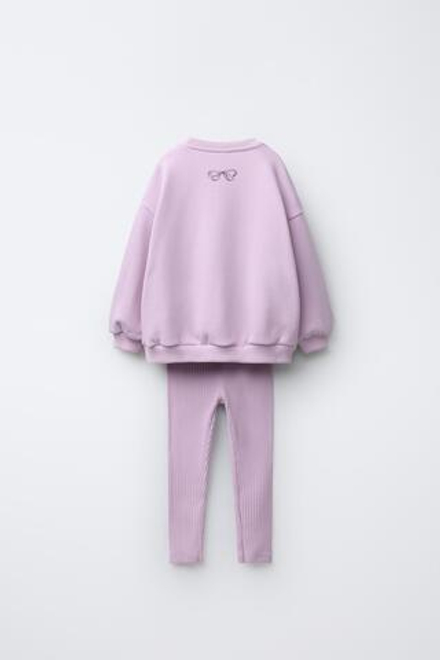 ZARA КОМПЛЕКТ С ТОЛСТОВКОЙ С БАНТОМ И ЛЕГИНСАМИ В РУБЧИК, СВЕТЛАЯ МАЛЬВА