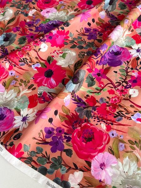 ЯРКИЕ АКВАРЕЛЬНЫЕ ЦВЕТЫ НА ПЫЛЬНО РОЗОВОМ - 100% ХЛОПОК 6