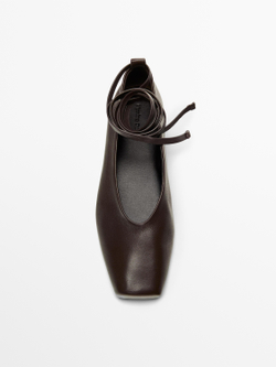 Massimo Dutti Кожаные балетки на шнуровке, коричневый