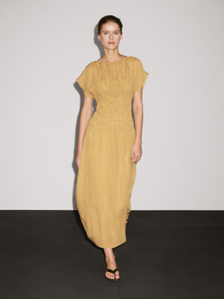 Massimo Dutti Платье миди с вышивкой, горчично-желтый