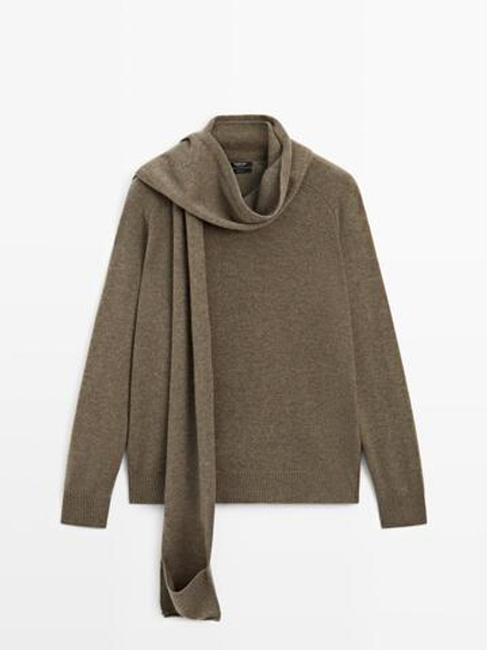 Massimo Dutti Свитер из 100% шерсти с шарфом и карманом, зеленый