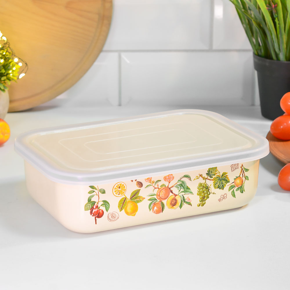 Лоток 1,5л эмалированный "Фруктовый сад" с пластиковой крышкой, тм Appetite