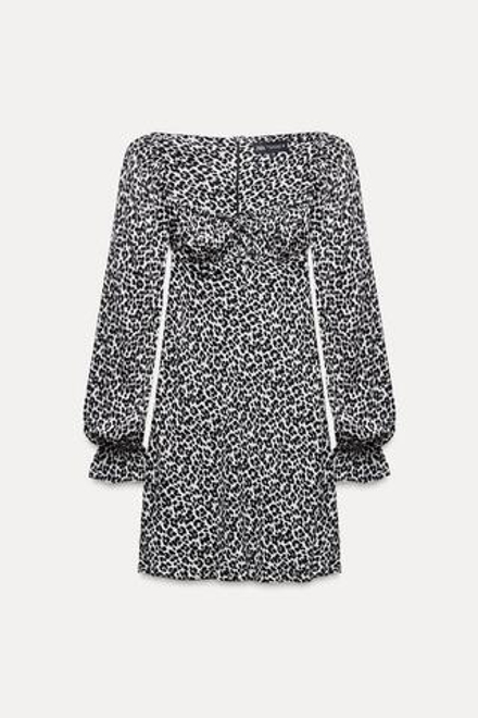 ZARA ПЛАТЬЕ С АНИМАЛИСТИЧНЫМ ПРИНТОМ, БЕЛЫЙ/ЧЕРНЫЙ