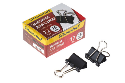 Зажим для бумаг металлический 15мм черный 12шт/уп Silwerhof BASIC цена за шт.