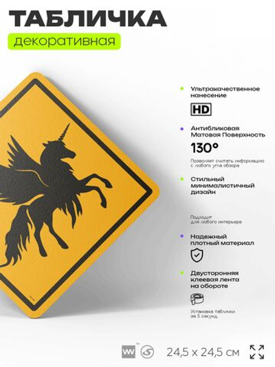 Табличка "Осторожно, единорог" шуточная прикольная табличка на дверь и стену, для офиса и дома, декоративный знак, 24,5х24,5 см, пластиковая, Айдентика Технолоджи