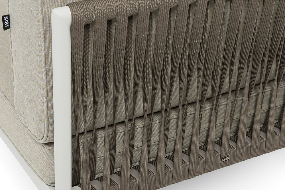 "Касабланка" угловой модуль плетеный из роупа, каркас алюминий светло-серый (RAL7035) муар, роуп серо-коричневый 23мм, ткань бежевая 15052