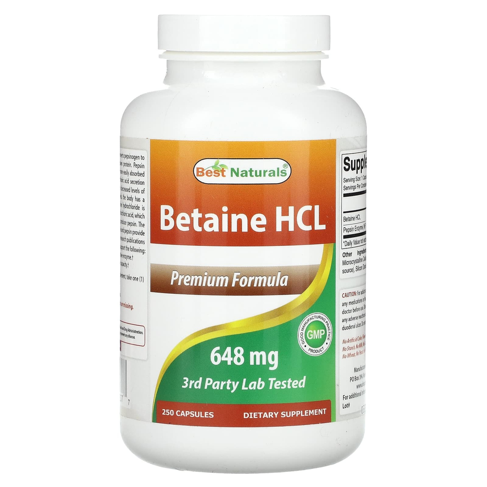 Best Naturals, Бетаина гидрохлорид, 648 мг, 250 капсул