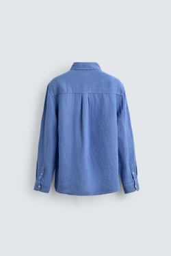 ZARA РУБАШКА ИЗ 100% ЛЬНА, ЛИНЯЛЫЙ СИНИЙ