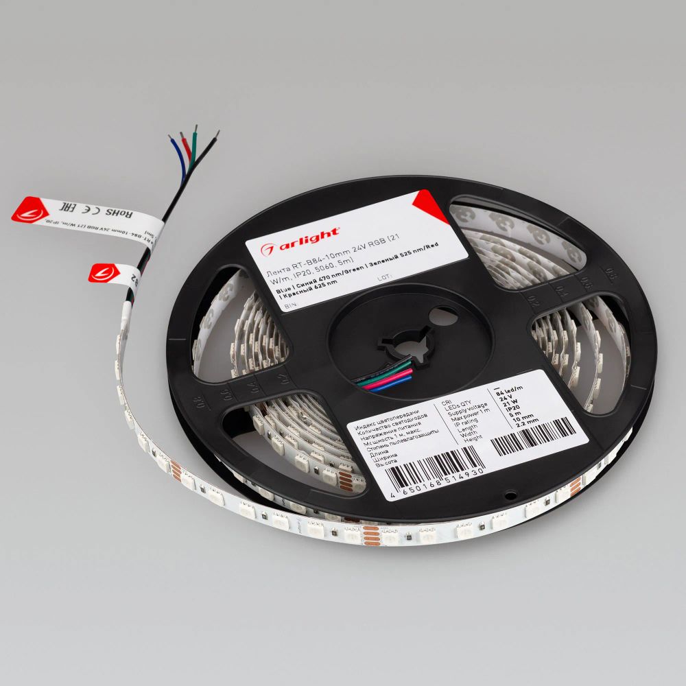 Светодиодная лента RT-B84-10mm 24V RGB (21 W/m, IP20, 5060, 5m) (Arlight, Открытый) 021475(2)