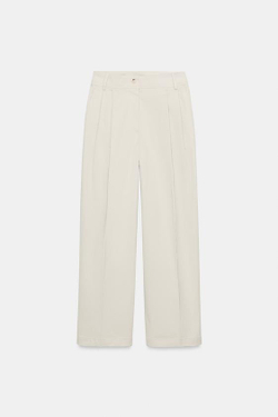 ZARA БРЮКИ BARREL С ЗАЩИПАМИ, ЭКРЮ