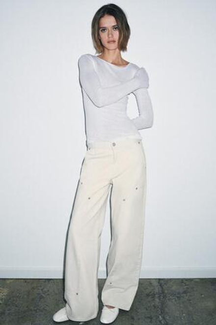 ZARA ДЖИНСЫ ZW COLLECTION СО СРЕДНЕЙ ПОСАДКОЙ И ХЛЯСТИКОМ, ЭКРЮ