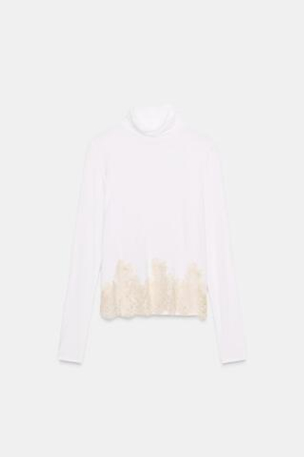 ZARA КОМБИНИРОВАННАЯ ФУТБОЛКА С КРУЖЕВОМ, ЖЕЛТОВАТО-БЕЛЫЙ