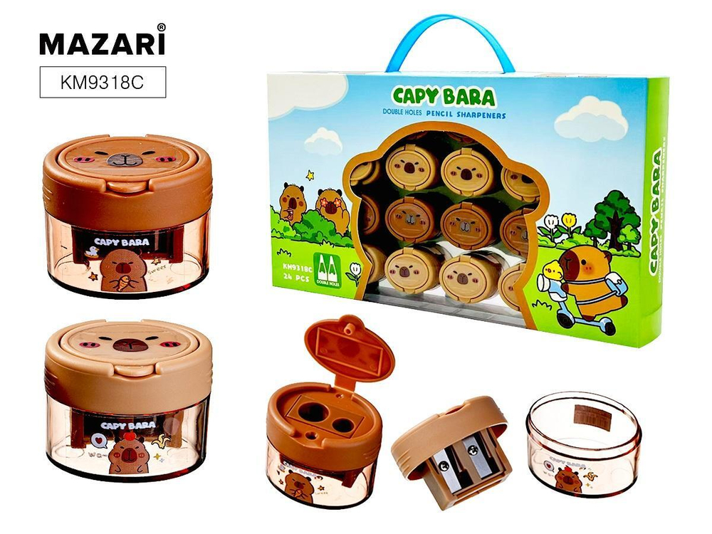 Точилка 2отв. с контейнером "Капибара" пластиковая, 4 дизайна KM9318C (Mazari)