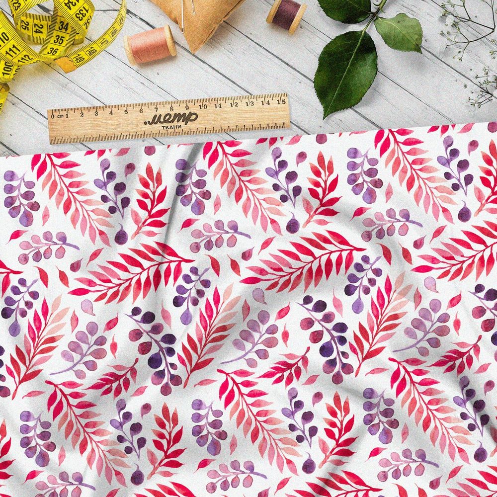 Ткань интерлок розовые фиолетовые листья стемпинг