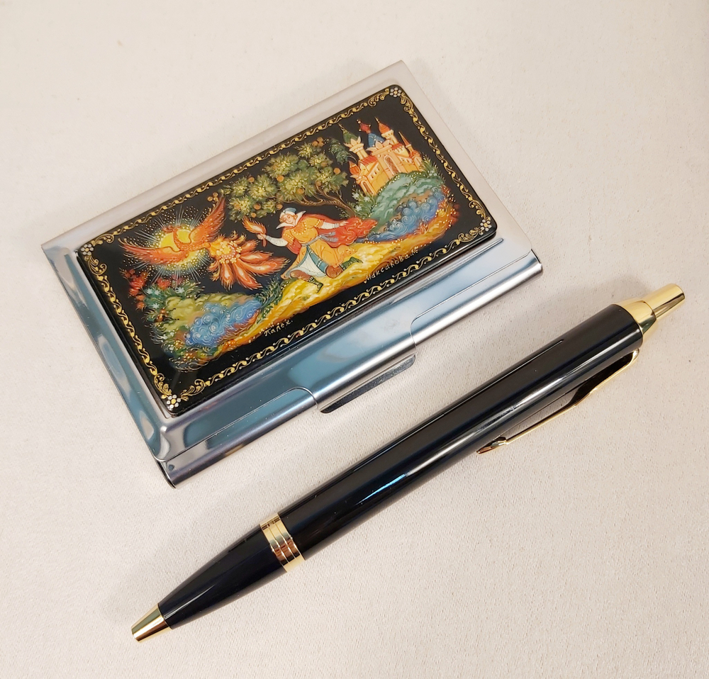 Набор "Жар-птица" визитница персональная с ручной росписью Палех  и авторучка Parker