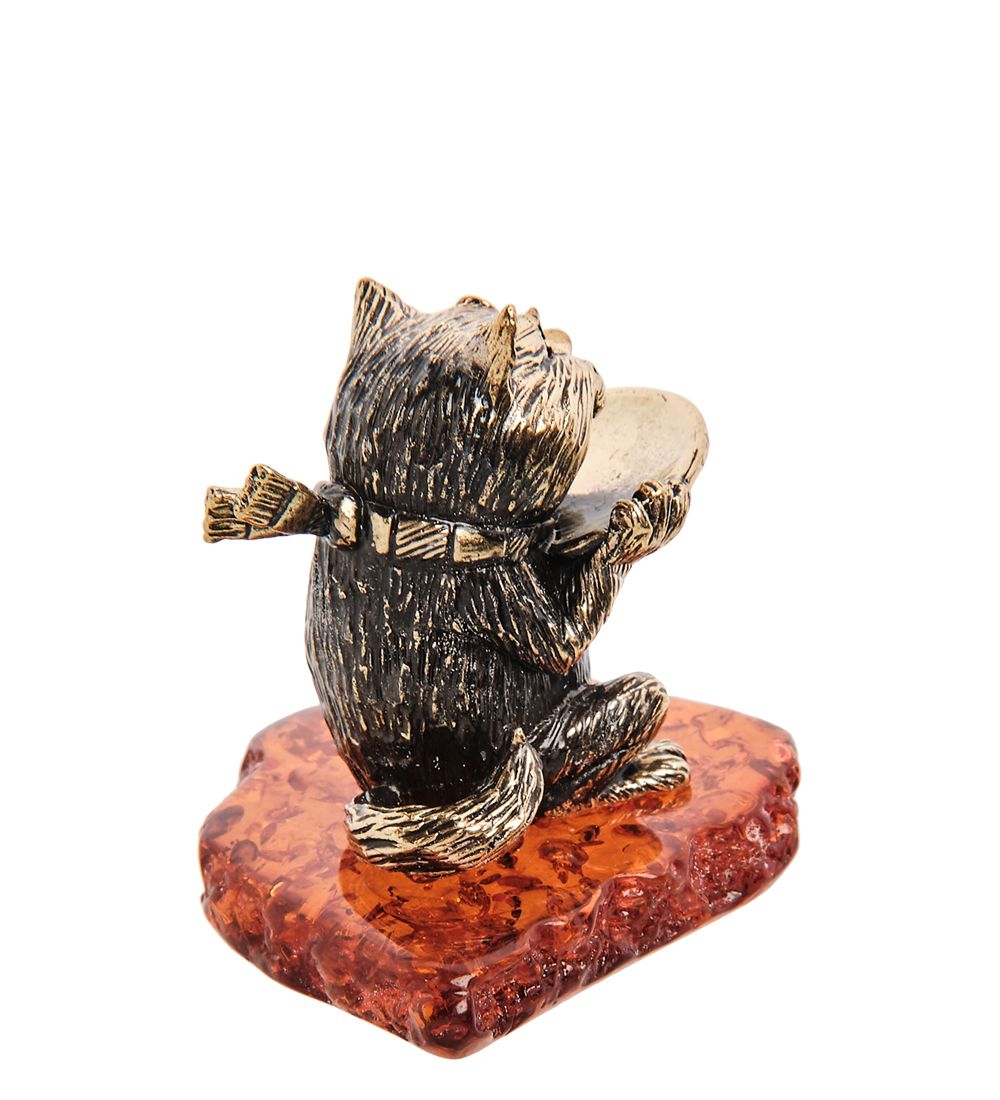 Народные промыслы AM-3147 Фигурка «Кот с блюдцем» (латунь, янтарь)