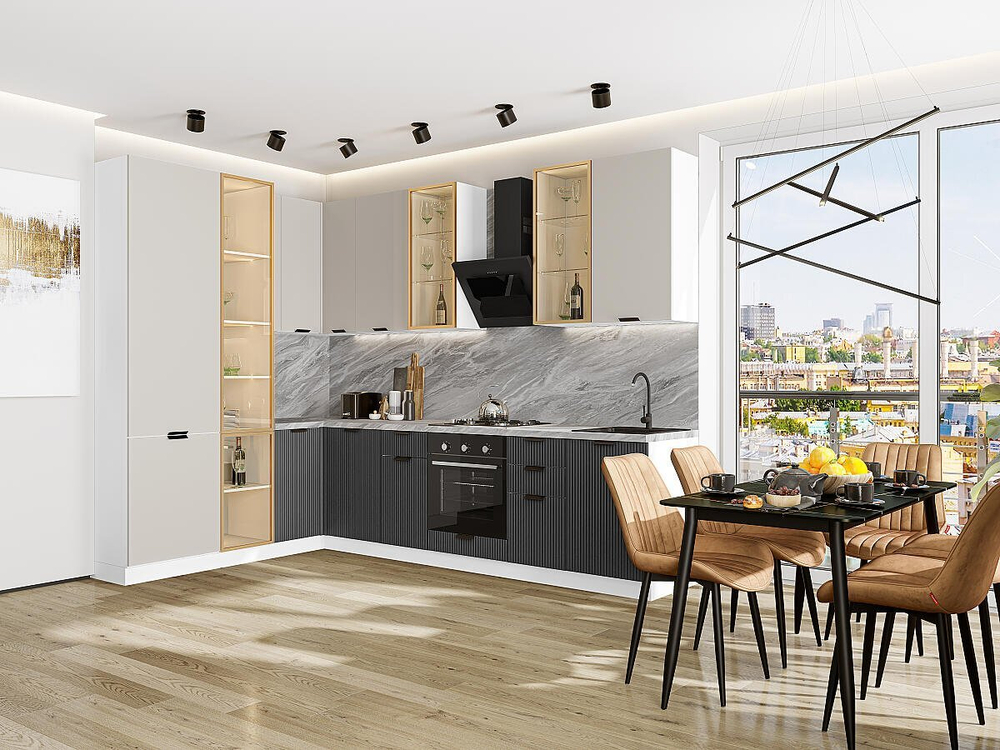 Прямая модульная кухня Евро Лайн-07 Агат/Антрацит - Белый 2340*2000/3000*600