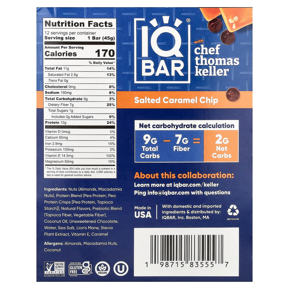 IQBAR, растительный протеиновый батончик, кусочки соленой карамели с обжаренными орехами макадамия, 12 батончиков по 45 г (1,6 унции)