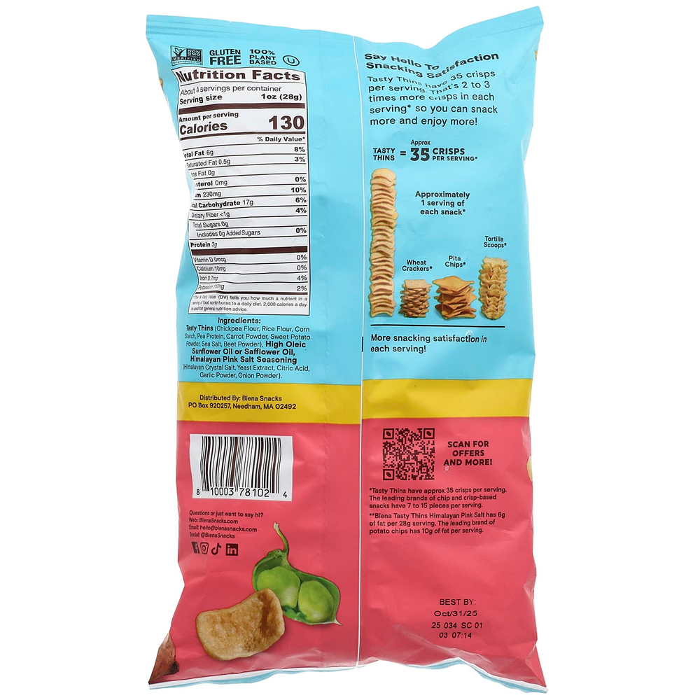 BIENA, Tasty Thins™, растительные хрустящие, с гималайской розовой солью, 113 г (4 унции)