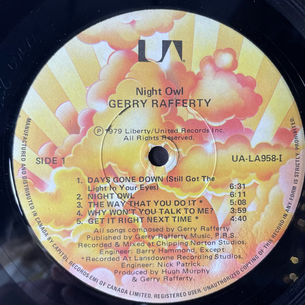 Винтажная виниловая пластинка LP Gerry Rafferty Night Owl (Канада 1979)