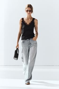 Massimo Dutti Топ на бретелях с кружевной отделкой, черный