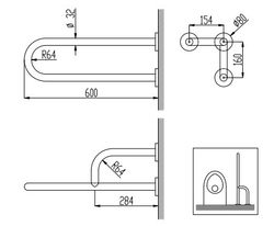 Поручень полукруглый неподвижный с 3 точками опоры Nofer 600 мм с антибактериальным покрытием белый правый, 15047.WB схема