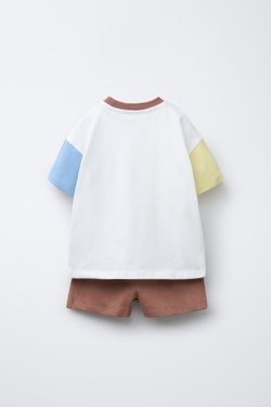 ZARA КОМПЛЕКТ ИЗ ФУТБОЛКИ И ШОРТОВ-ДЖОГГЕРОВ В СТИЛЕ КОЛОР-БЛОК, КОРИЧНЕВЫЙ