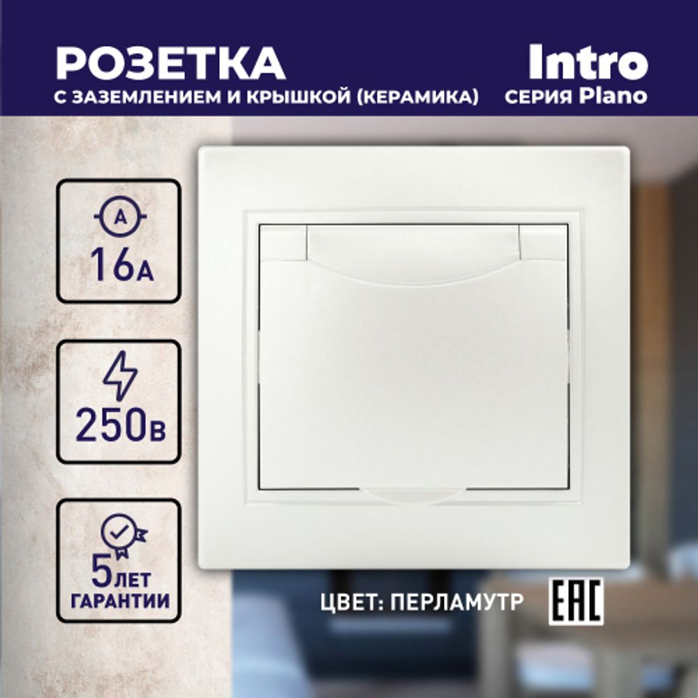 Розетка Intro Plano 1-203-06 с заземлением 2P+E Schuko с крышкой, 16А-250В, IP20, СУ, перламутр