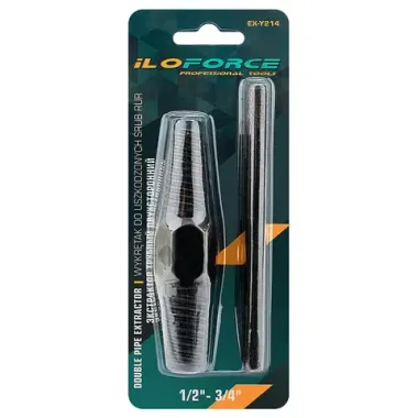 Экстрактор двухсторонний для извлечения сломанной резьбы из труб 1/2''-3/4''в комплекте с воротком, набор 2пр. ILOforce IF-EX-Y214