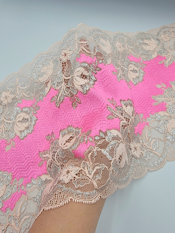 Кружево эластичное ярко-розовый/персик/серебро К700