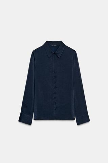 ZARA АТЛАСНАЯ РУБАШКА С РАЗРЕЗОМ, МОРСКОЙ СИНИЙ