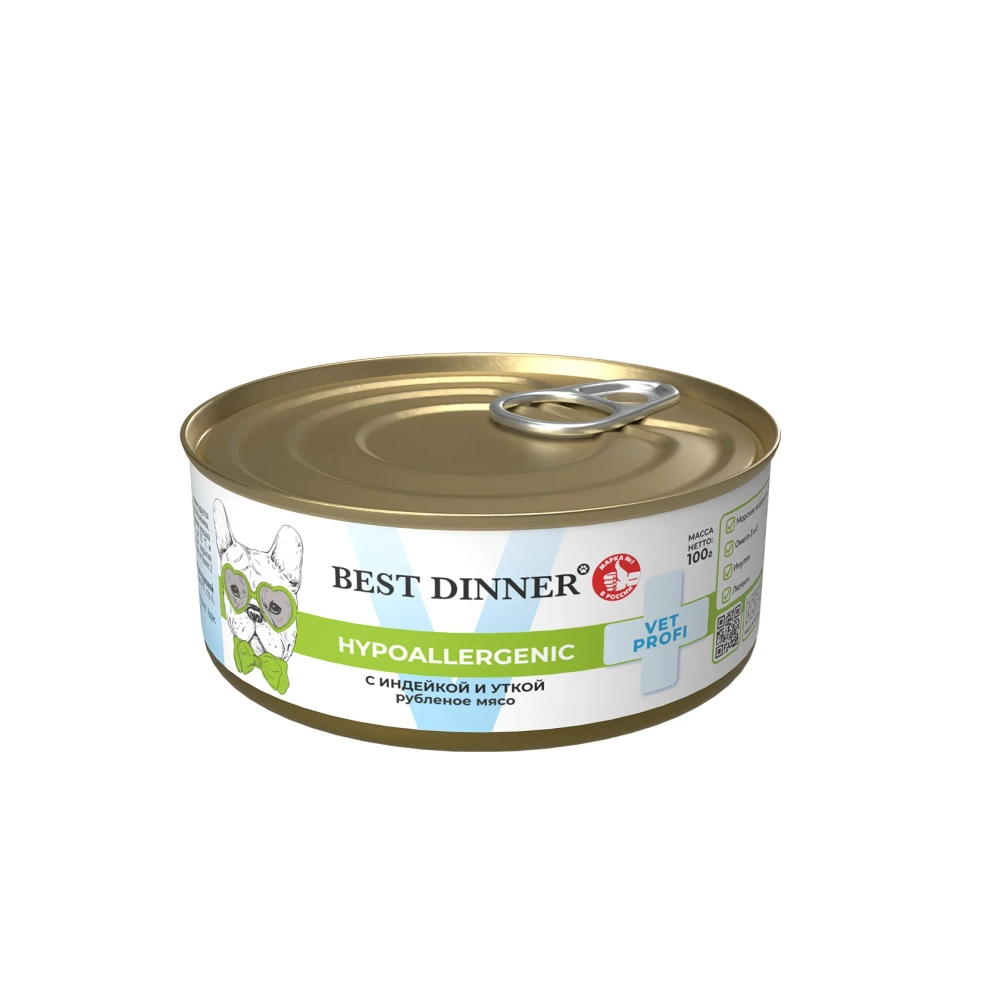 BEST DINNER (Бест Динер) Exclusive Vet Profi Hypoallergenic Консервы для собак для профилактики пищевой аллергии, с индейкой и уткой, 100 г