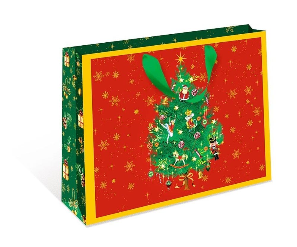 Пакет подарочный ХL горизонтальный, &quot;Новогодняя елочка&quot;, Зеленый/Красный, 40*50*15 см (Д*В*Ш), 1 шт.