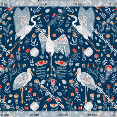 Белые аисты с орнаментами, цветы на синем фоне. (Дизайнер Irina Skaska) by Irina Skaska 286 DPI