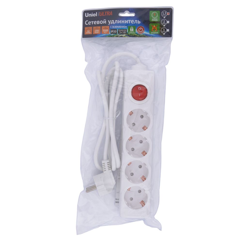 S-GCU4-1.5B WHITE Удлинитель серии Ultra. шнур 1.5м.. 4 гнезда. 16A. с-з. Белый. TM Uniel