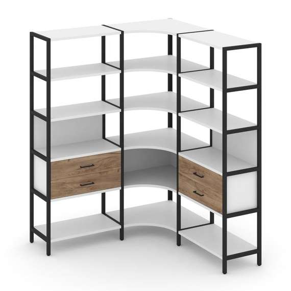 Shelf System Трехсекционный угловой стеллаж пятиярусный с ящиками SN.STMU-531 Белый/Дуб Табак/Металл