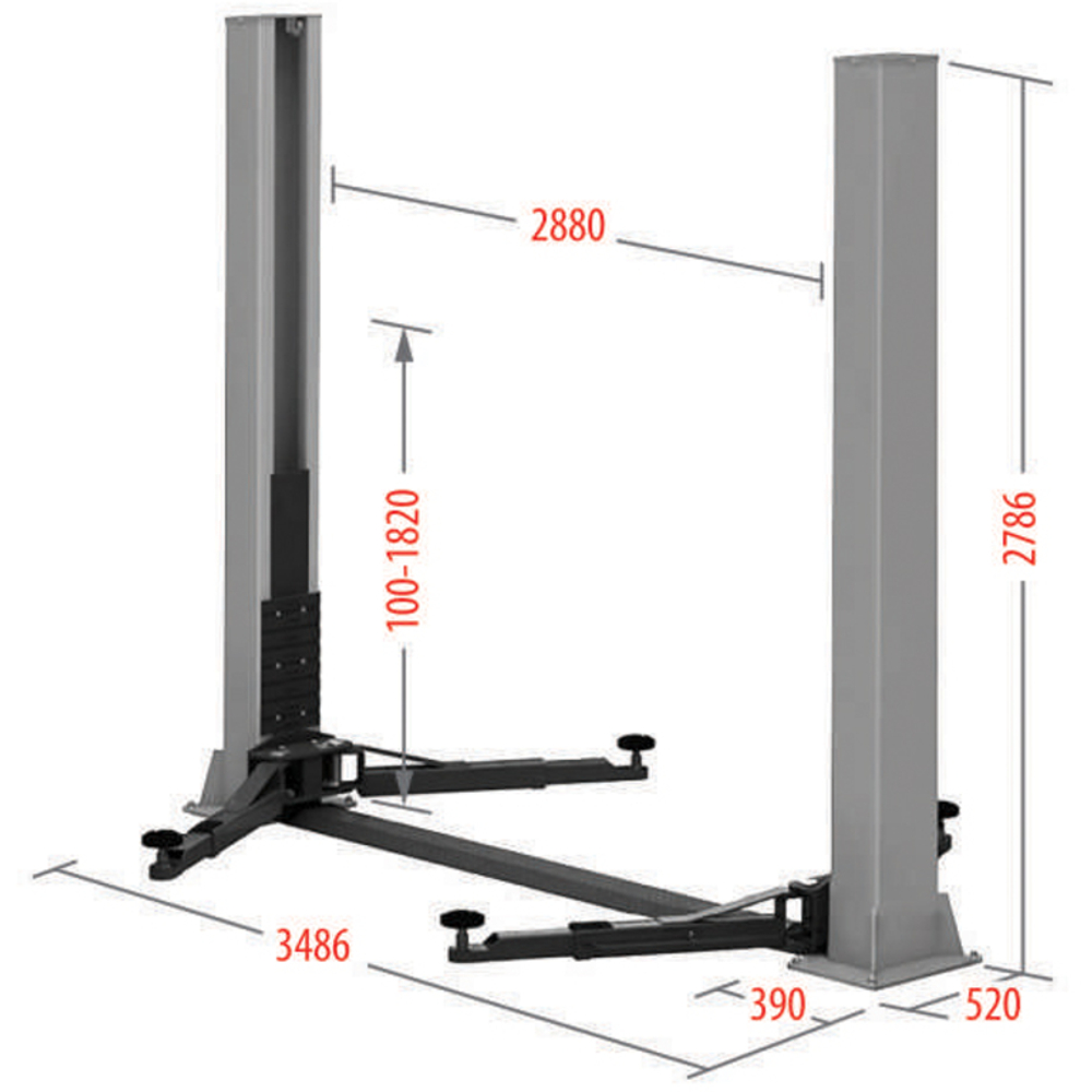 Подъемник электрогидравлический 4т 100-1820мм 2-х стоечный 380В ниж.синхрон.(механ. с 1 колонны) GTE