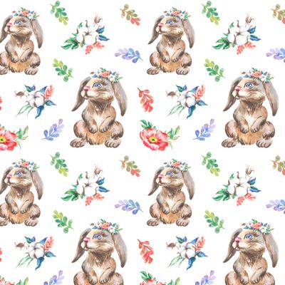 Зайчики, хлопок и цветы, акварельный паттерн