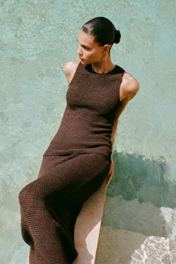 ZARA ДЛИННАЯ ТРИКОТАЖНАЯ ЮБКА С УЗОРНОЙ ВЯЗКОЙ, ШОКОЛАДНЫЙ